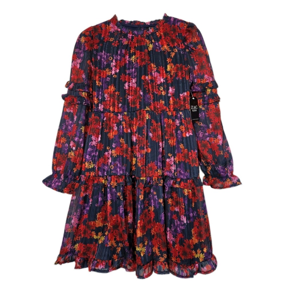 NWT Zac Kids Floral Tiered Dress Girls XXL 18 Navy Red Metallic Ruffle Chiffon
